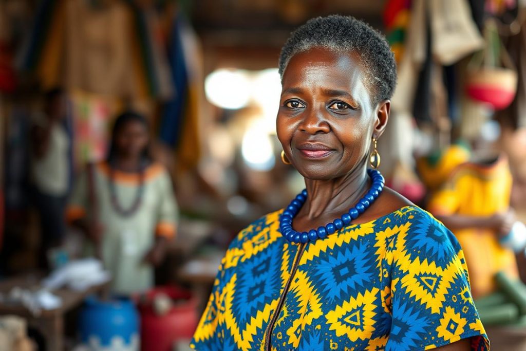 Woman wearing kitenge dress showcasing Zanzibar traditional clothing at a local celebration