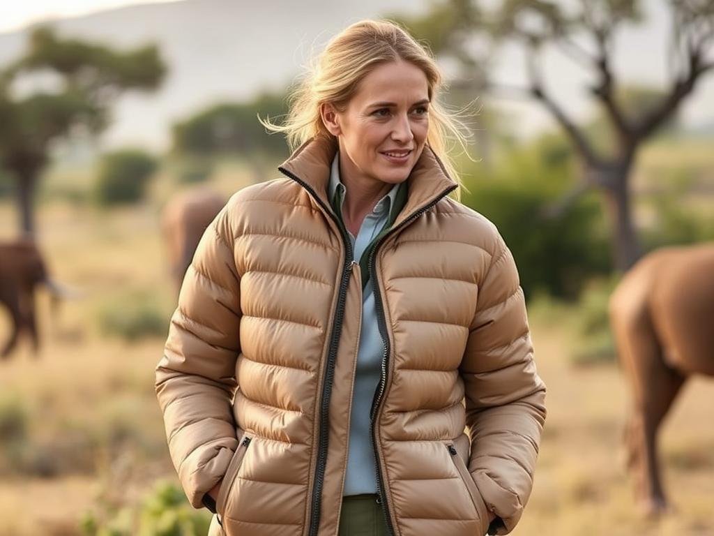 Woman wearing packable down jacket on safari