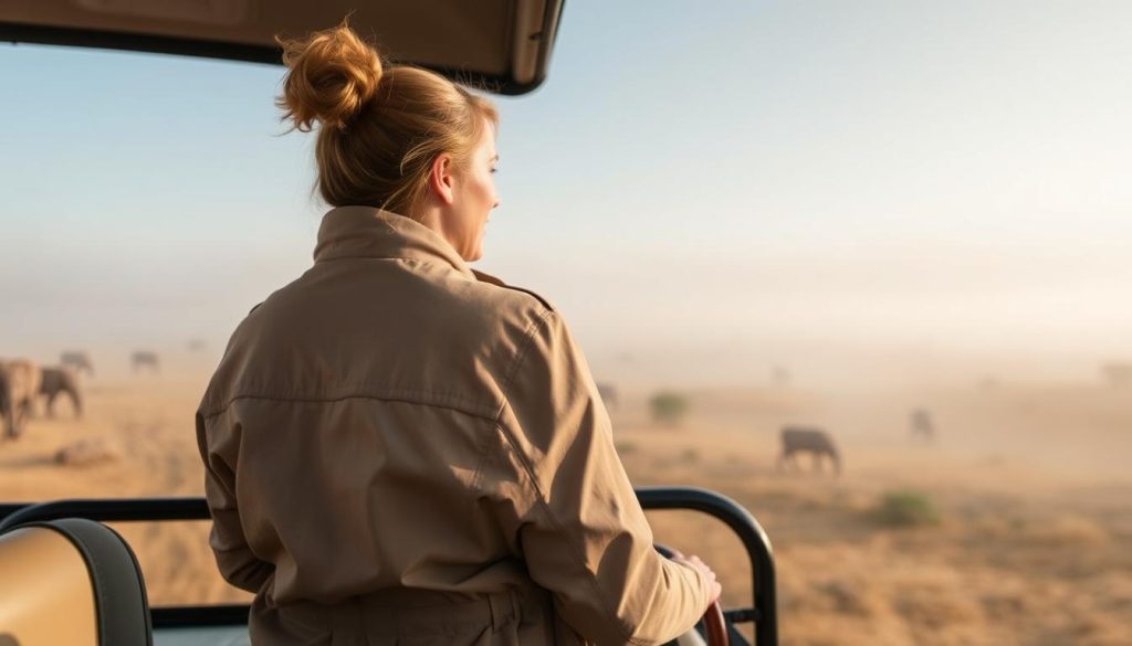 Woman wearing safari jacket during early morning game drive