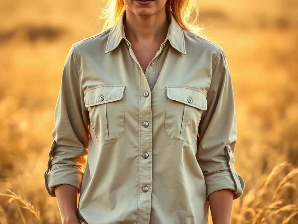 Woman wearing safari shirt in neutral tones on safari