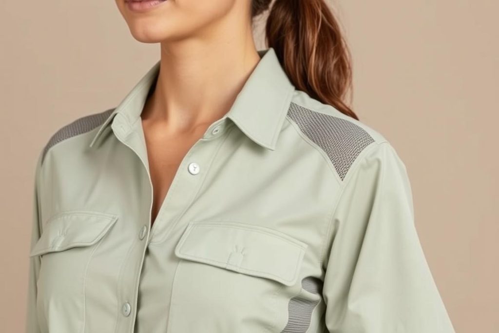 Woman wearing technical safari shirt with UPF protection
