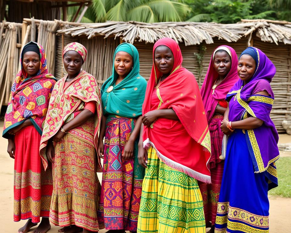 Women wearing brightly colored kanga wraps in various styles showing Zanzibar traditional clothing