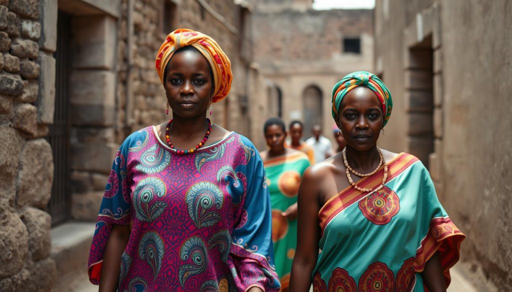 Women wearing colorful traditional Zanzibar clothing walking through Stone Town's narrow streets