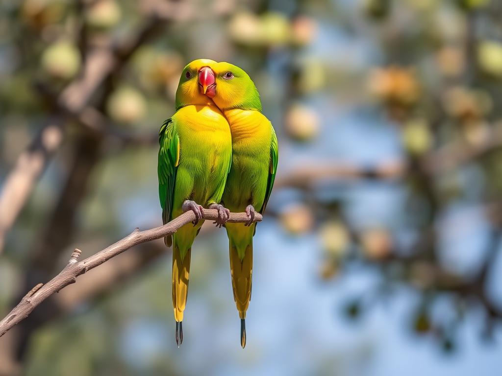 Yellow-collared lovebirds perched on a branch in Tarangire National Park, showcasing the park's endemic bird species