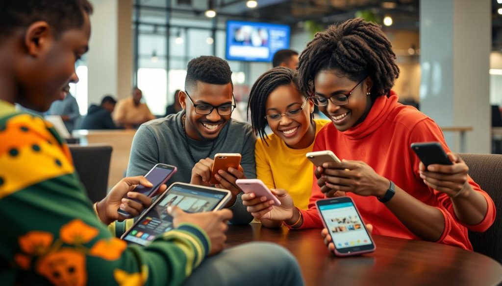 Young Tanzanians using smartphones with both Swahili and English digital content
