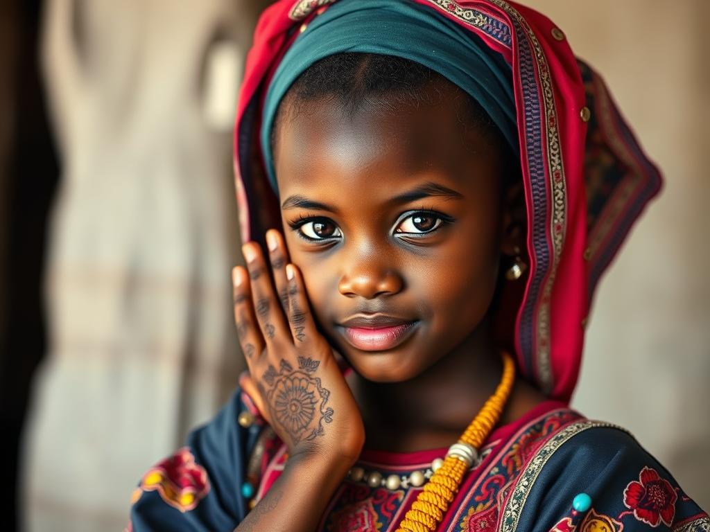 Young Zanzibari girl in traditional clothing for coming-of-age celebration