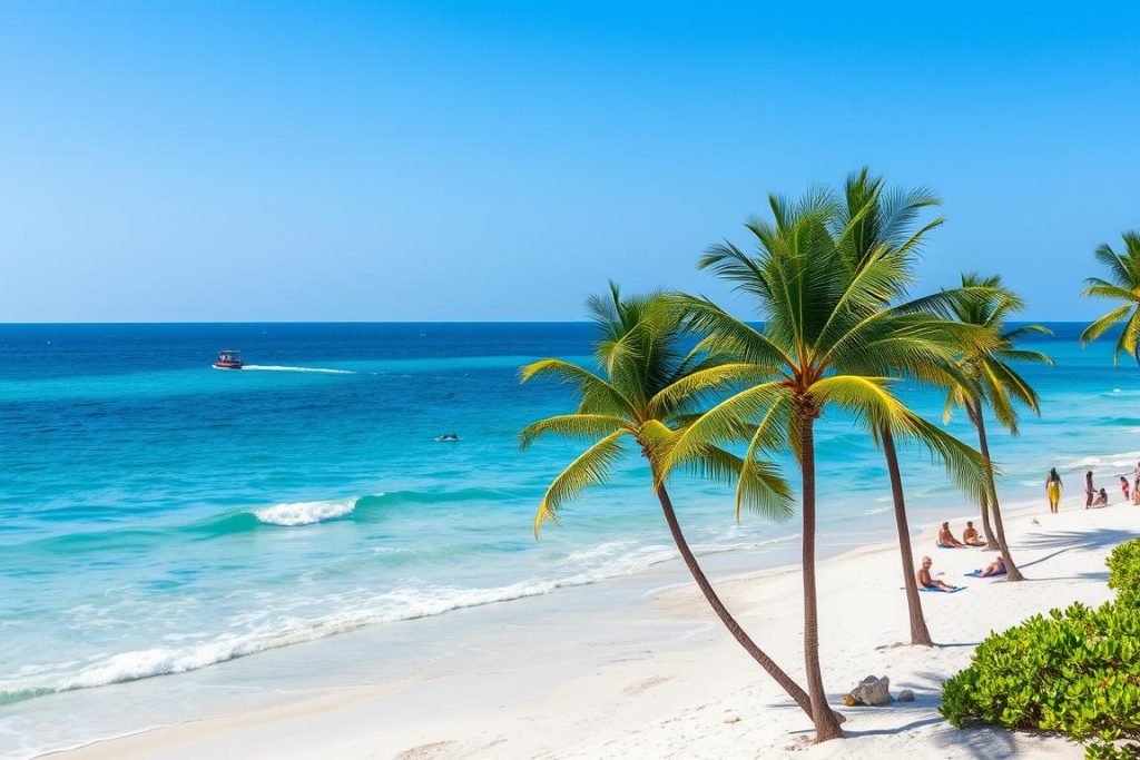 Zanzibar beach during the dry season with perfect weather conditions, blue skies, and tourists enjoying activities