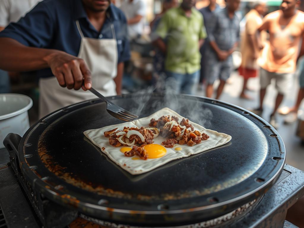 Zanzibar pizza being prepared on a hot griddle in Stone Town
