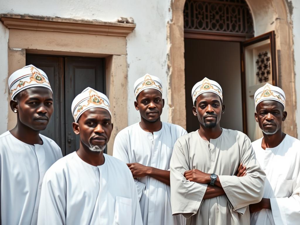 Zanzibari men wearing white kanzu and embroidered kofia caps representing traditional male clothing
